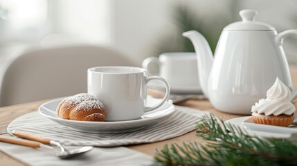 Fototapeta premium A close-up of a wooden dining table set for breakfast, with a teapot, cups, and a plate of pastries, with copy space, high-resolution photo, realistic photo