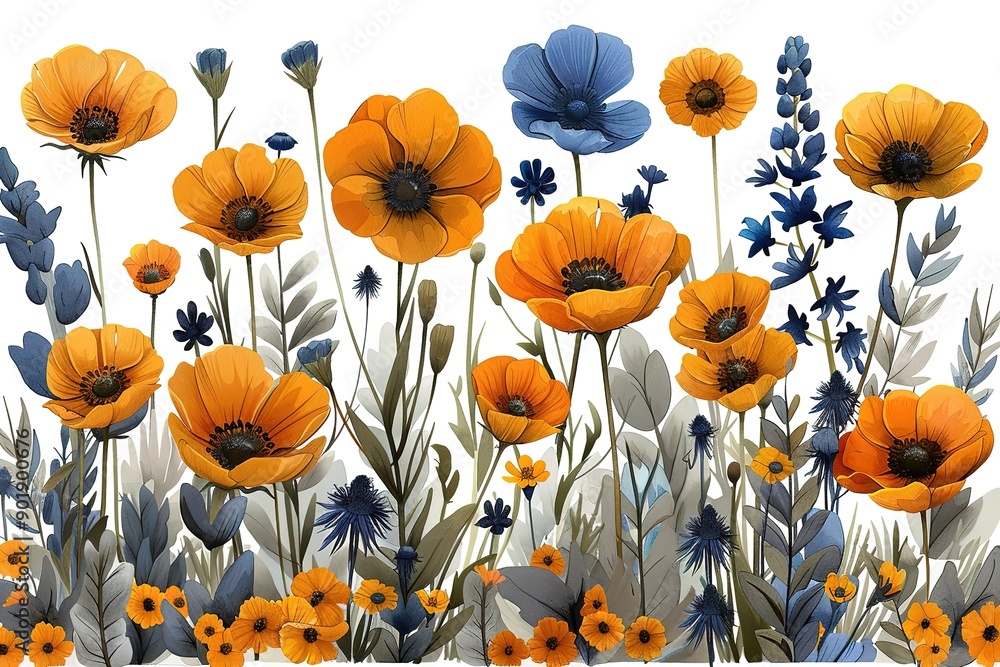 Wall mural A painting of a field of flowers with a blue and orange background