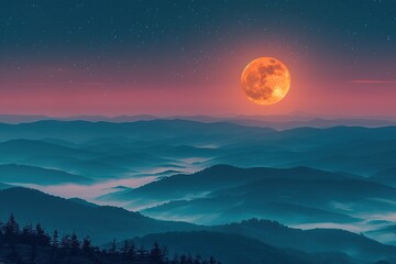 A large red moon is in the sky above a mountain range