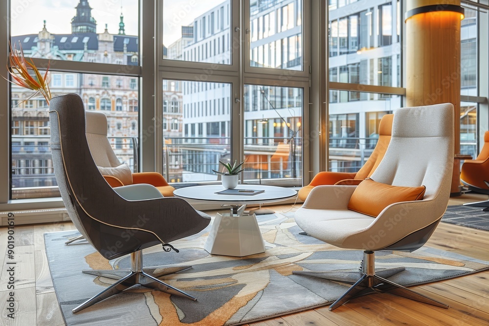 Poster cozy seating area with vibrant chairs large windows and urban view creating a stylish and inviting s