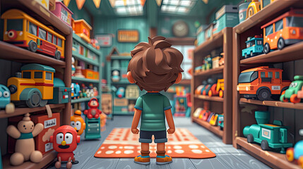 Fototapeta premium a young boy standing in a toy store looking at the shelves full of toys