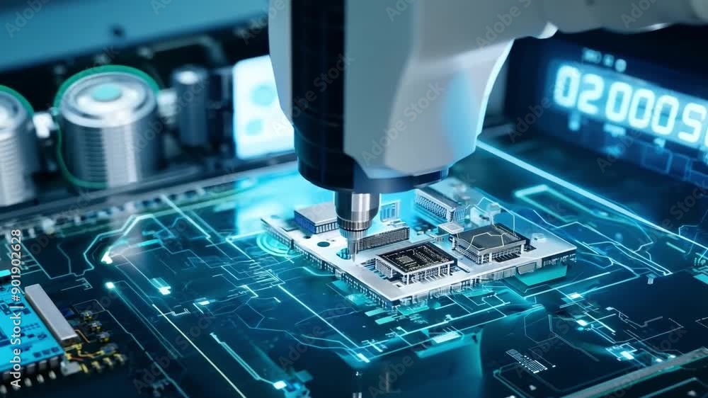 Poster a close-up shot of a circuit board with microchips being assembled in a technology lab. the board is