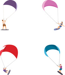 Collection of four vector illustrations featuring diverse people engaging in parachuting, isolated on white