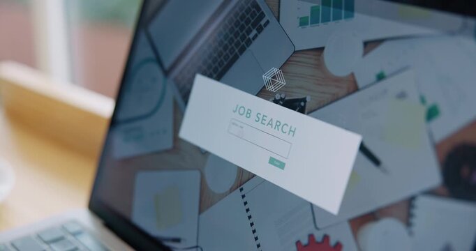 Laptop screen, job and search with person typing on recruitment web, application and unemployment opportunity. Internet, homepage and digital for resume update, contact us and hiring advertising