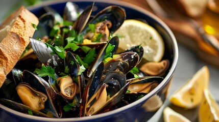 Fototapeta premium Bowl of Steamed Mussels with Lemon and Fresh Bread