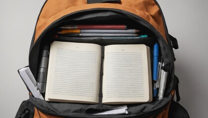 A student's workspace in natural light featuring books, notebooks, and a backpack