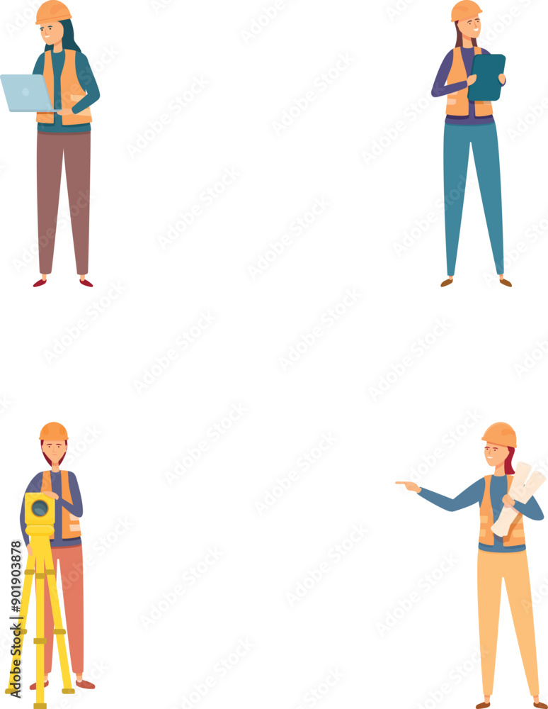 Poster collection of illustrations showcasing engineers with tools and tech for diverse projects