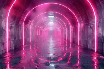 A long tunnel with neon lights and a pinkish hue