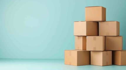 Obraz premium Front view of stacked moving cardboard boxes against light blue background, copy space
