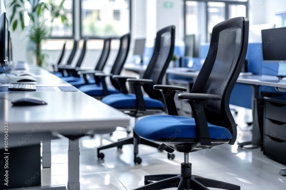 Poster contemporary office with sleek chairs shared desks and large windows creating a professional and dyn
