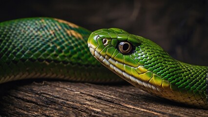 Obraz premium Green Snake Slithering Along a Tree Log Surrounded by Lush Vegetation in a Rainforest Setting