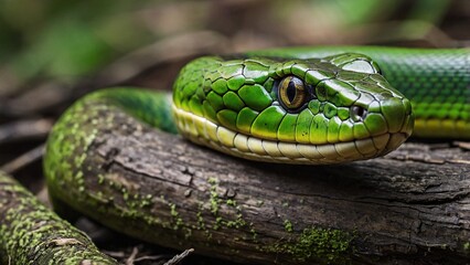 Fototapeta premium Green Snake Slithering Along a Tree Log Surrounded by Lush Vegetation in a Rainforest Setting
