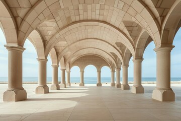 Fototapeta premium Elegant Arched Hallway with Ocean View