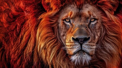 Naklejka premium A lion with red and orange mane. The lion's face is looking at the camera. The image has a bold and spirited feel.