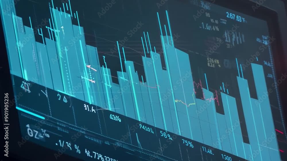 Poster a close-up of a computer screen displaying a stock market graph with blue bars, white lines, and red