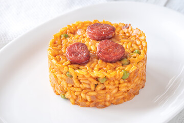 Portion of chorizo risotto