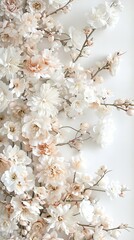 A lovely display featuring white and pink peonies alongside green leaves against a gentle pink backdrop