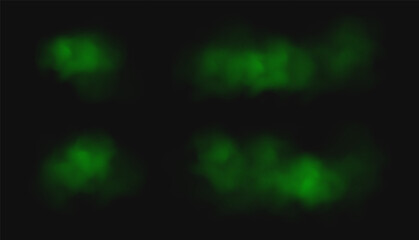 Green smoke, toxic cloud, realistic chemical gas, bad odour concept isolated on dark background. Vector illustration.