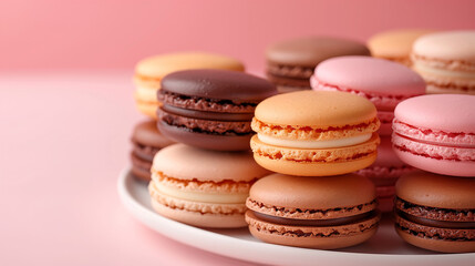 Fototapeta premium A colorful array of macarons on a fancy dessert stand, with a pastel background, creating a cheerful and elegant vibe.