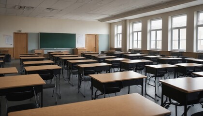 A quiet classroom in the early morning light filled with empty desks and chairs