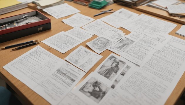 Collection of handwritten notes and sketches on a wooden table in a cozy workspace