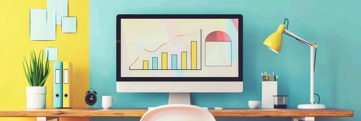 A minimalist workspace with a computer monitor displaying a graph, symbolizing growth, success, productivity,  business development and technology.