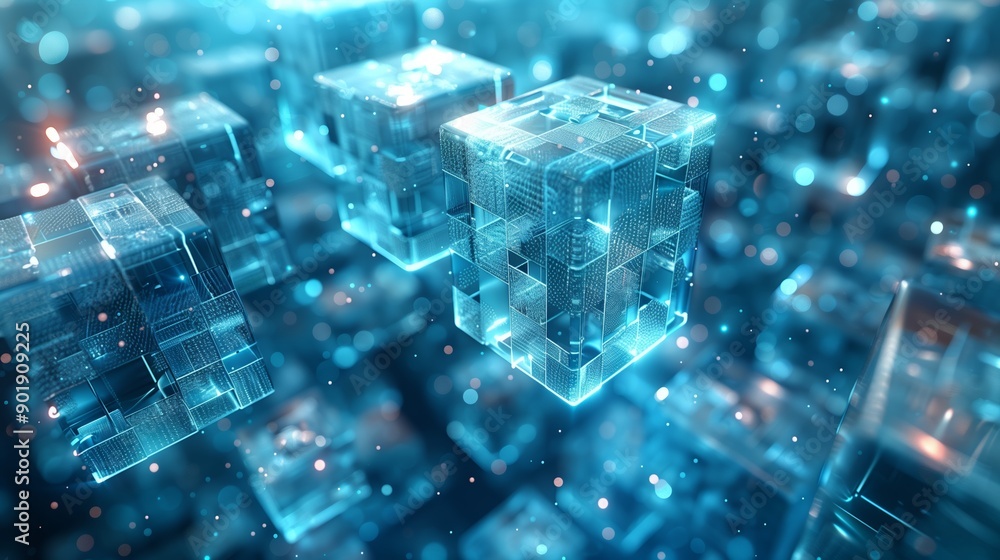Poster floating transparent cubes illuminated by soft blue light in a digital space