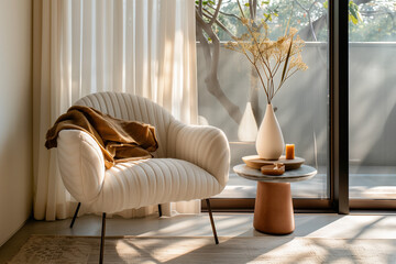 luxury apartment suite lounge. modern minimal cozy corner or area designed for personal relaxation. comfortable chair, a table with a candle, a soft blanket, a window.