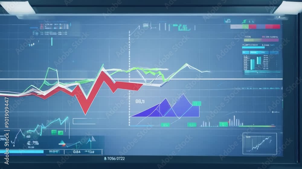 Poster a large screen in a modern office displays stock market data, showing multiple graphs and charts wit