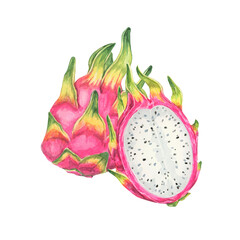 Pitaya watercolor clipart depicting whole pink dragon fruits, one sliced open to show the inner white flesh speckled with black seeds. Great for kitchen decor, food labels, and educational materials
