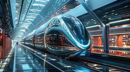 Futuristic electric train at modern high-tech station, city view background
