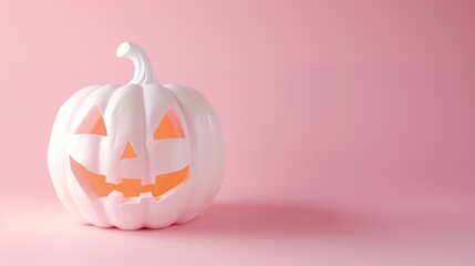 Fototapeta premium White carved pumpkin on pink background with free space, cute minimalistic Halloween banner
