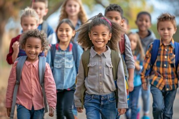 group of diverse young children walking together in friendship on their way to school, embodying the joy and excitement of learning and growing together.