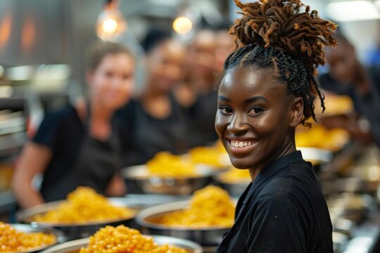 group of diverse volunteers working together in a community kitchen, preparing meals with smiles on their faces.