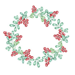 Cranberry wreath watercolor clipart featuring green leaves and vibrant red berries arranged in a circular frame. Perfect for holiday greeting cards, seasonal invitations, and festive digital designs.