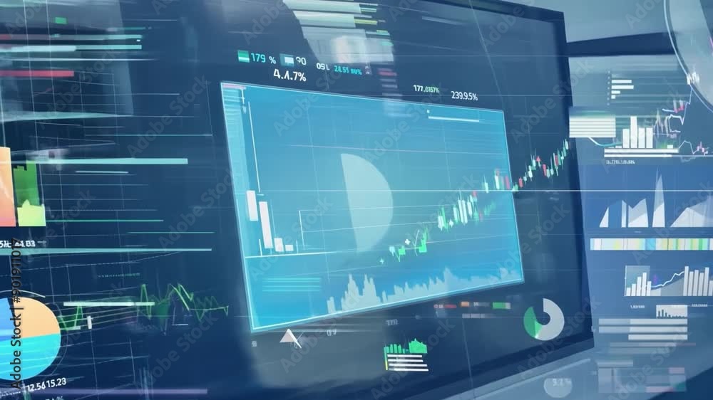 Poster a computer screen displays numerous graphs, charts, and data, including a pie chart, line graphs, an