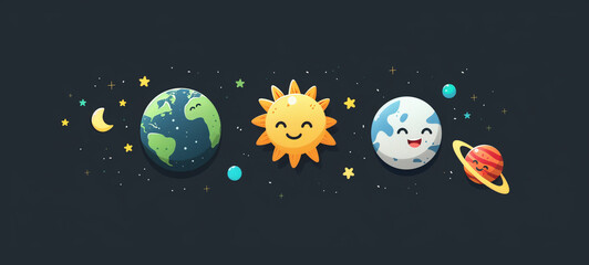 Naklejka premium An illustration of the solar system with Earth, Moon, and Sun in cartoon style, each with smiley faces, on a dark background