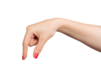 Hand reaching out, as if holding or grabbing an invisible object. Isolated on white background, showcasing a gesture for measuring or evaluating size and space. Closeup of a