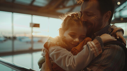 Happy family, dad and child hugging at the airport, Dad and daughter at the airport when meeting after separation
