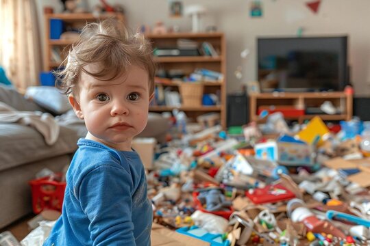 playful toddler boy causing chaos in a messy living room, creating mischief and mayhem with his unruly antics.