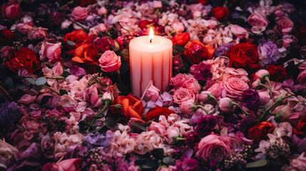 Candle in the middle of a bed of flowers