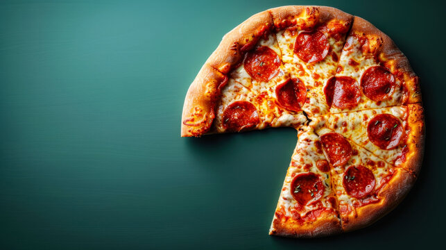 Pepperoni pizza with missing slice on green background