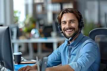smiling call center operator with a headset and microphone, showcasing the modern workplace and customer support communication.