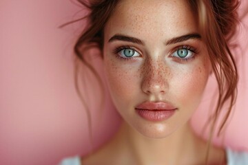 Obraz premium close-up portrait of a young woman with fresh, glowing skin on a soft pink background.