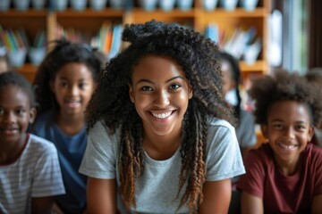 diverse group of elementary school students engaging with their caucasian female teacher in a virtual classroom setting.