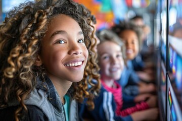 diverse group of elementary school students engaging with their caucasian female teacher in a virtual classroom setting.