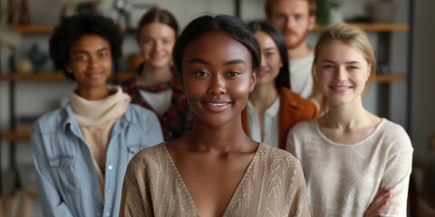 A close-up of a diverse group of young people standing together and smiling. They appear confident and united, showcasing their teamwork and camaraderie.