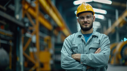 confident industrial worker with hard hat standing in manufacturing plant