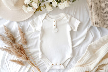 White cotton baby short sleeve bodysuit lying on bed with linen bedding, knitted blanket, white summer flowers. Blank infant onesie mock up template. Top view