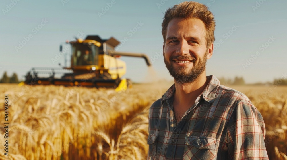 Poster a man is smiling in front of a combine harvester